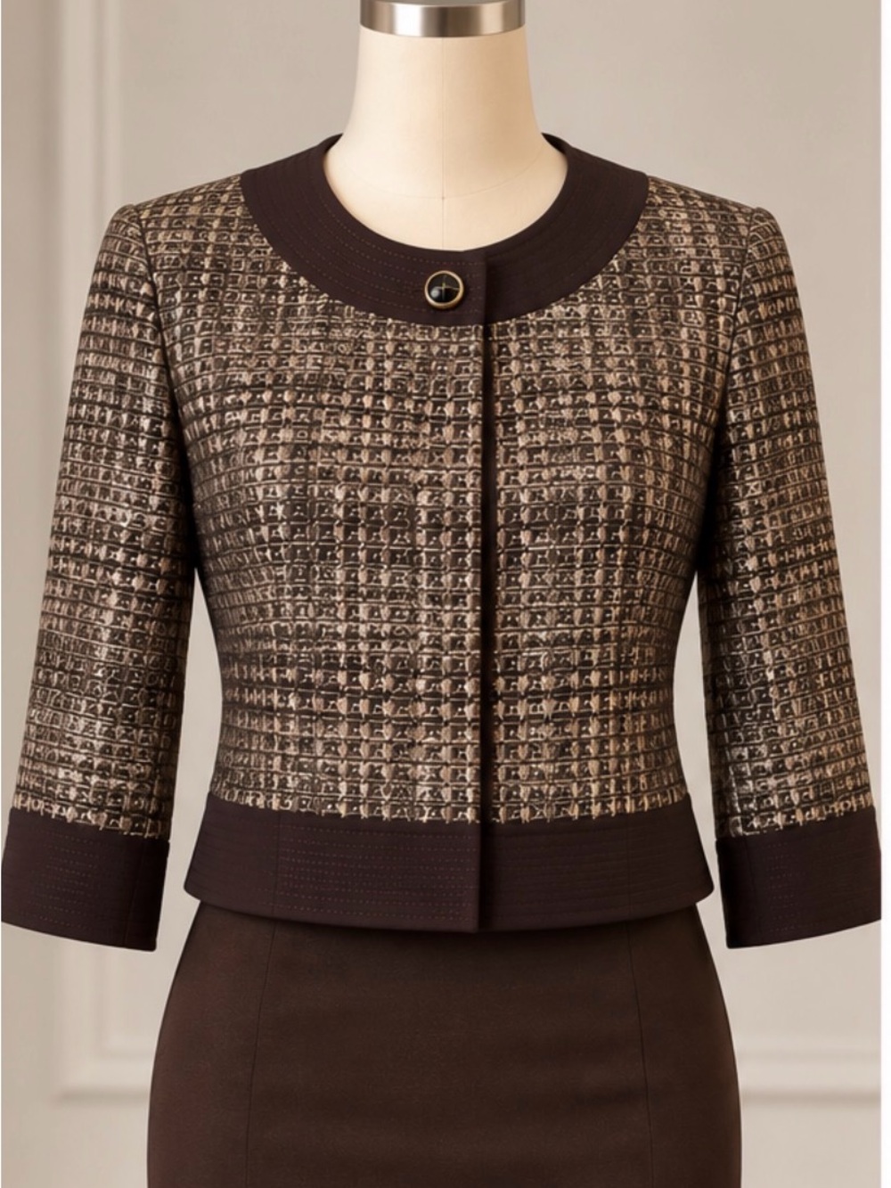 Tahari ASL Textured Geometric Cropped Jacket Brown gold taupe Size 4 Like New